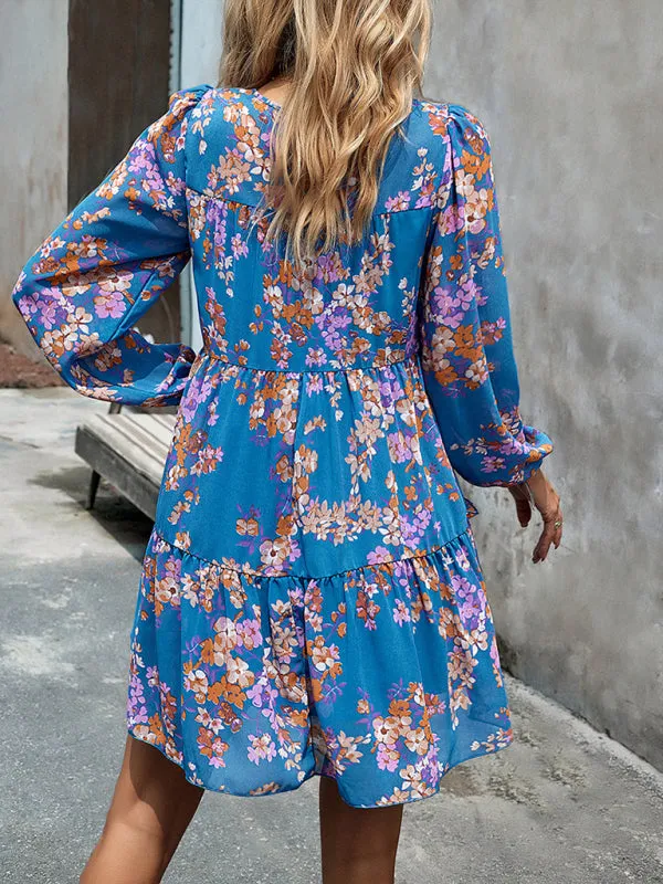 Women's Floral Print Round Neck Chiffon Layered Dress With Long Sleeves