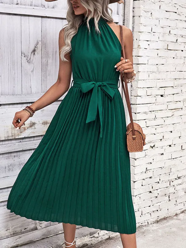 Women's Long Length Pleated Halter Neck Dress With Belt