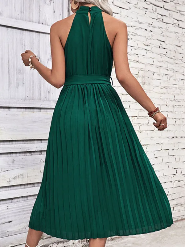 Women's Long Length Pleated Halter Neck Dress With Belt