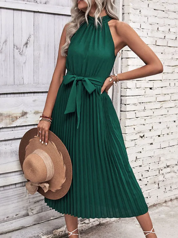 Women's Long Length Pleated Halter Neck Dress With Belt